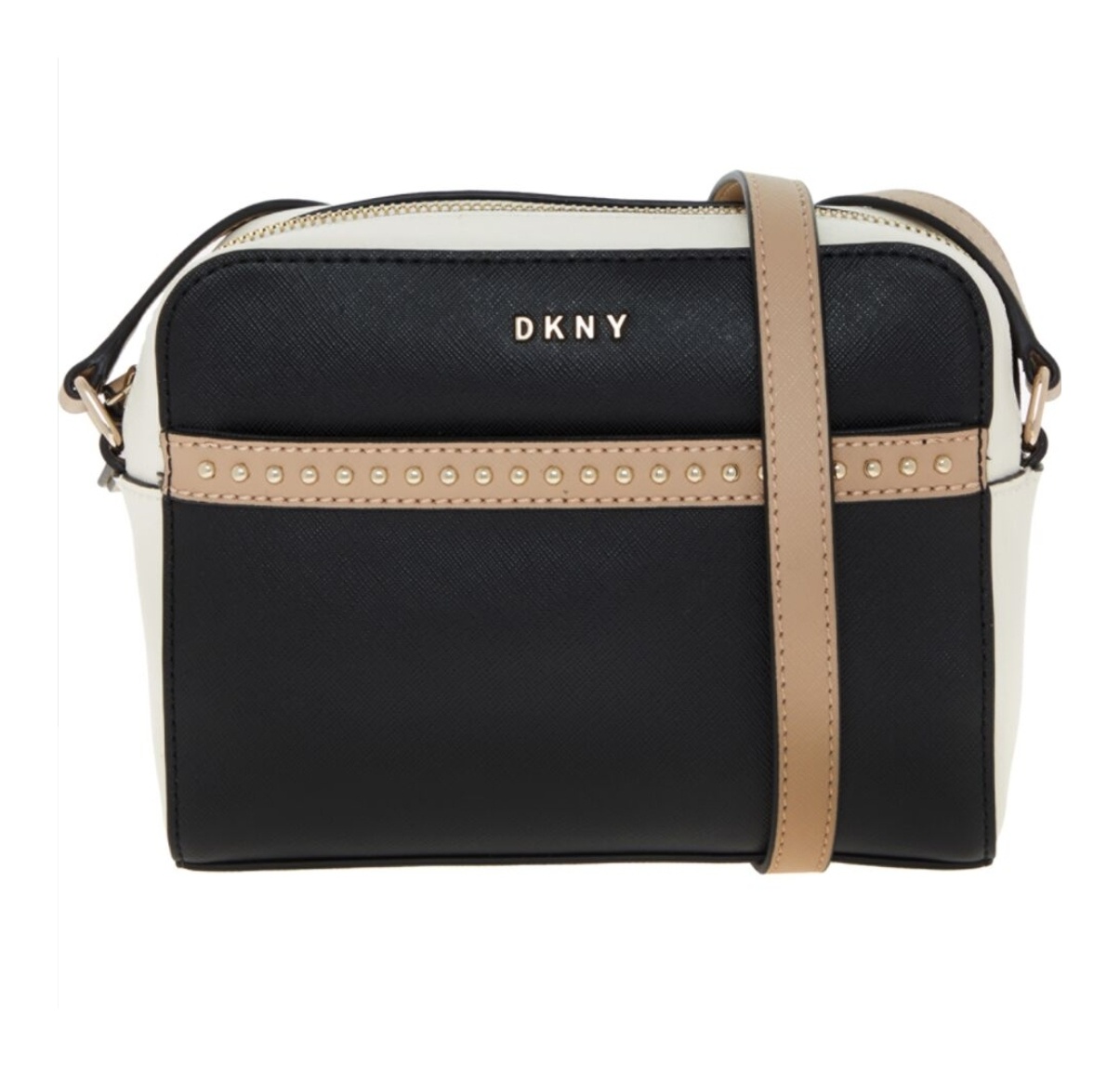 DKNY Top-Zip piccolo marrone/panna monogram in pelle CrossBody Camera Bag Nuovo di Zecca 